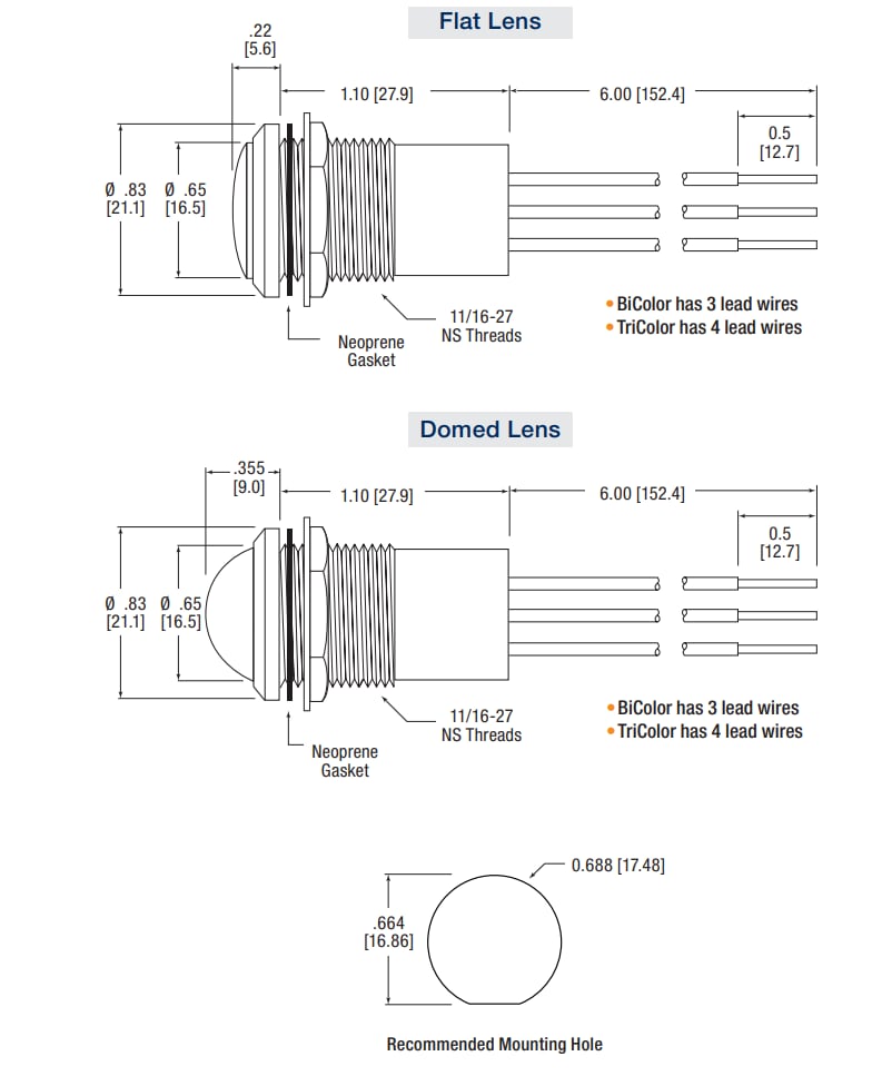 Mechanical Drawing - Dialight 657 Series Bi- & Tri-Color LED Indicators